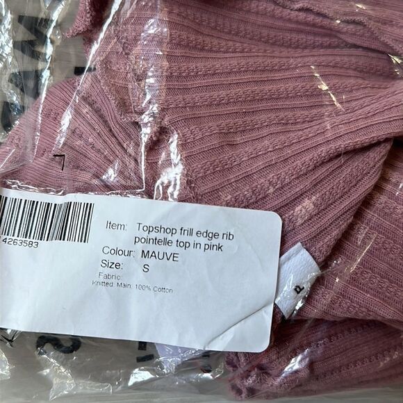Topshop frill edge ribbed pointelle top‎ in pink mauve Sz 4-6 NWT IN PACKAGING - Picture 6 of 7